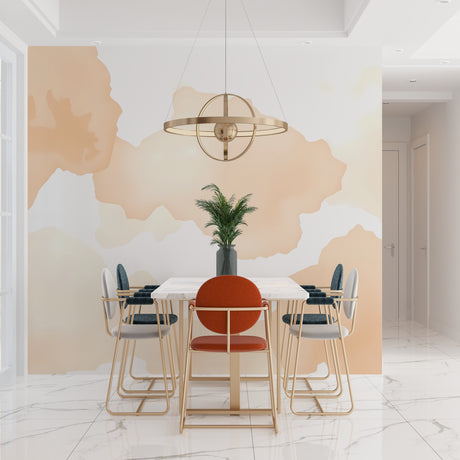 Abstract watercolor cloud wallpaper in soft peach tones creating a serene atmosphere in a modern living room