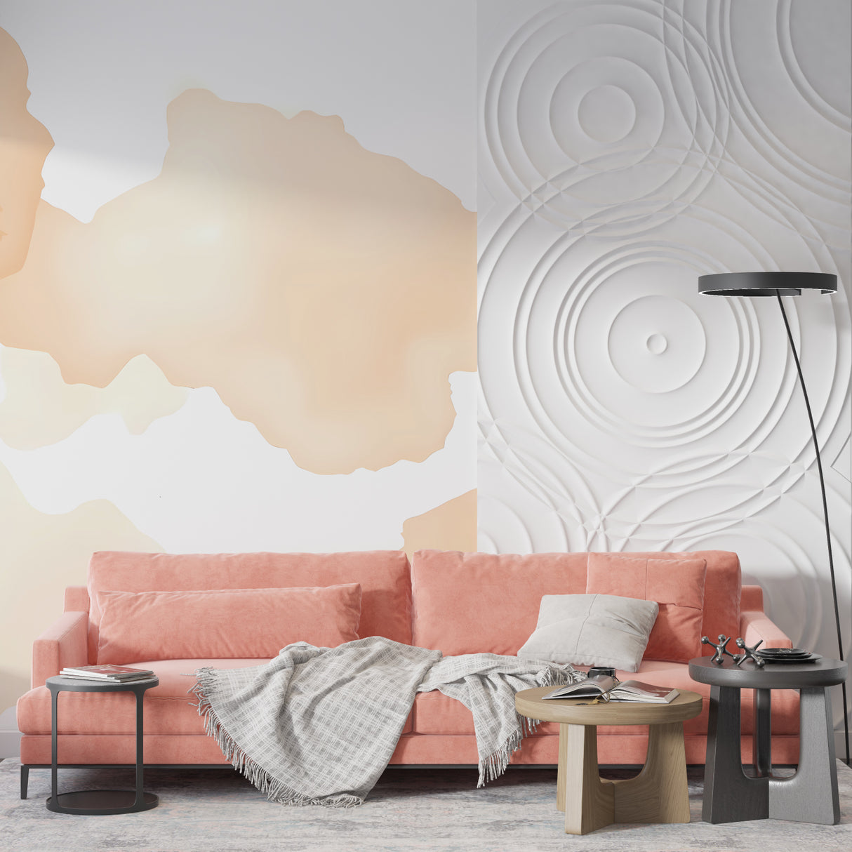 Peach watercolor mural bringing warmth to a minimalist bedroom setting