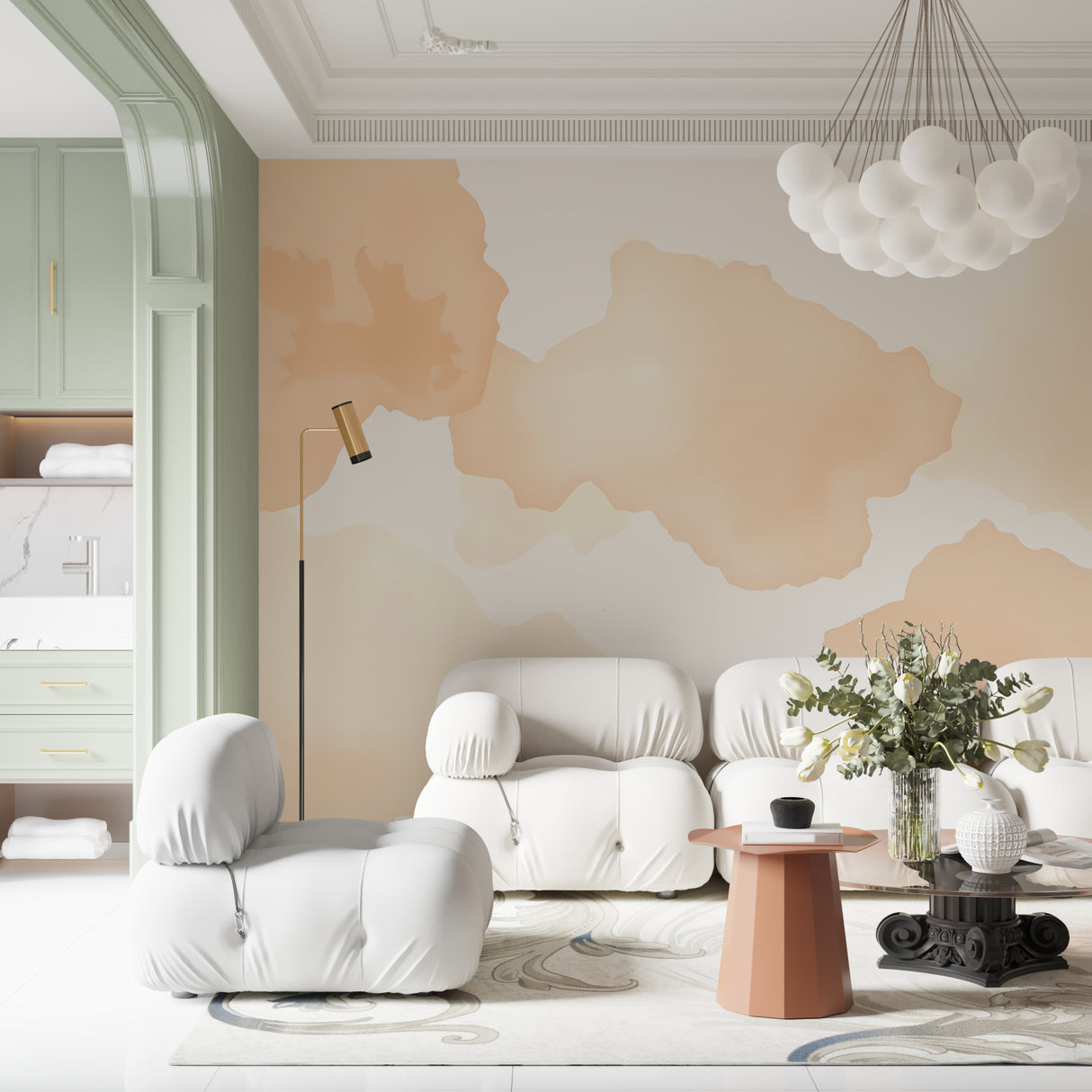 Cloud abstract wallpaper adding soft movement to a contemporary dining space