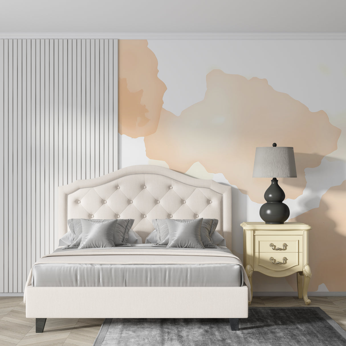 Watercolor cloud mural creating a peaceful home office environment