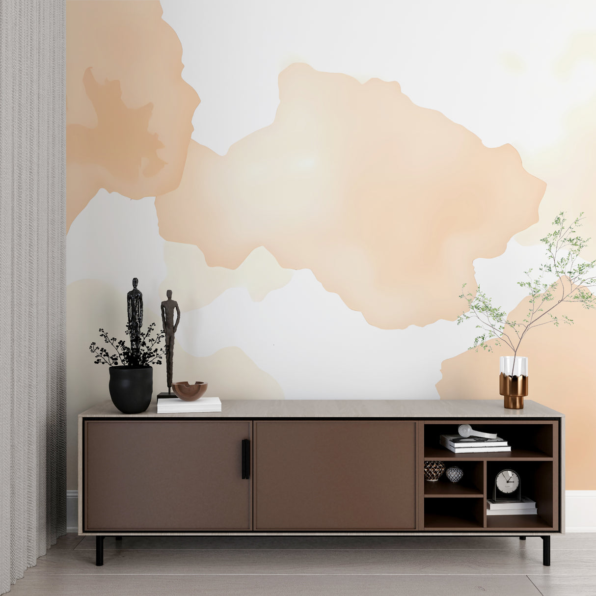 Abstract peach wallpaper bringing gentle depth to a nursery room