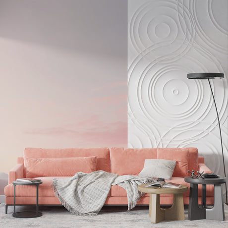 Pink circular wave wallpaper in modern living room creating a peaceful atmosphere with natural light