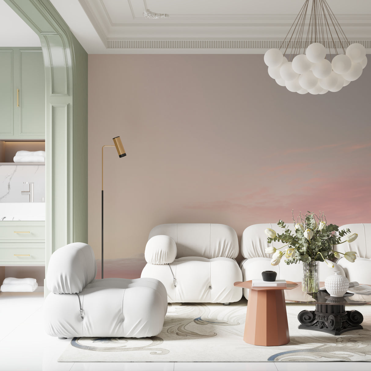 Abstract pink wave pattern mural in master bedroom showing flowing curves and soft lighting