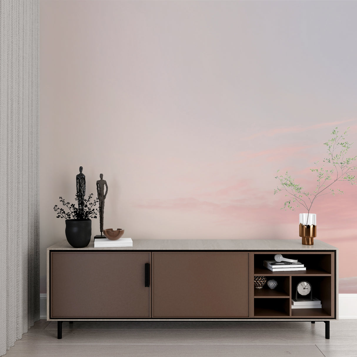 Soft pink geometric wallpaper in home office highlighting the circular pattern design
