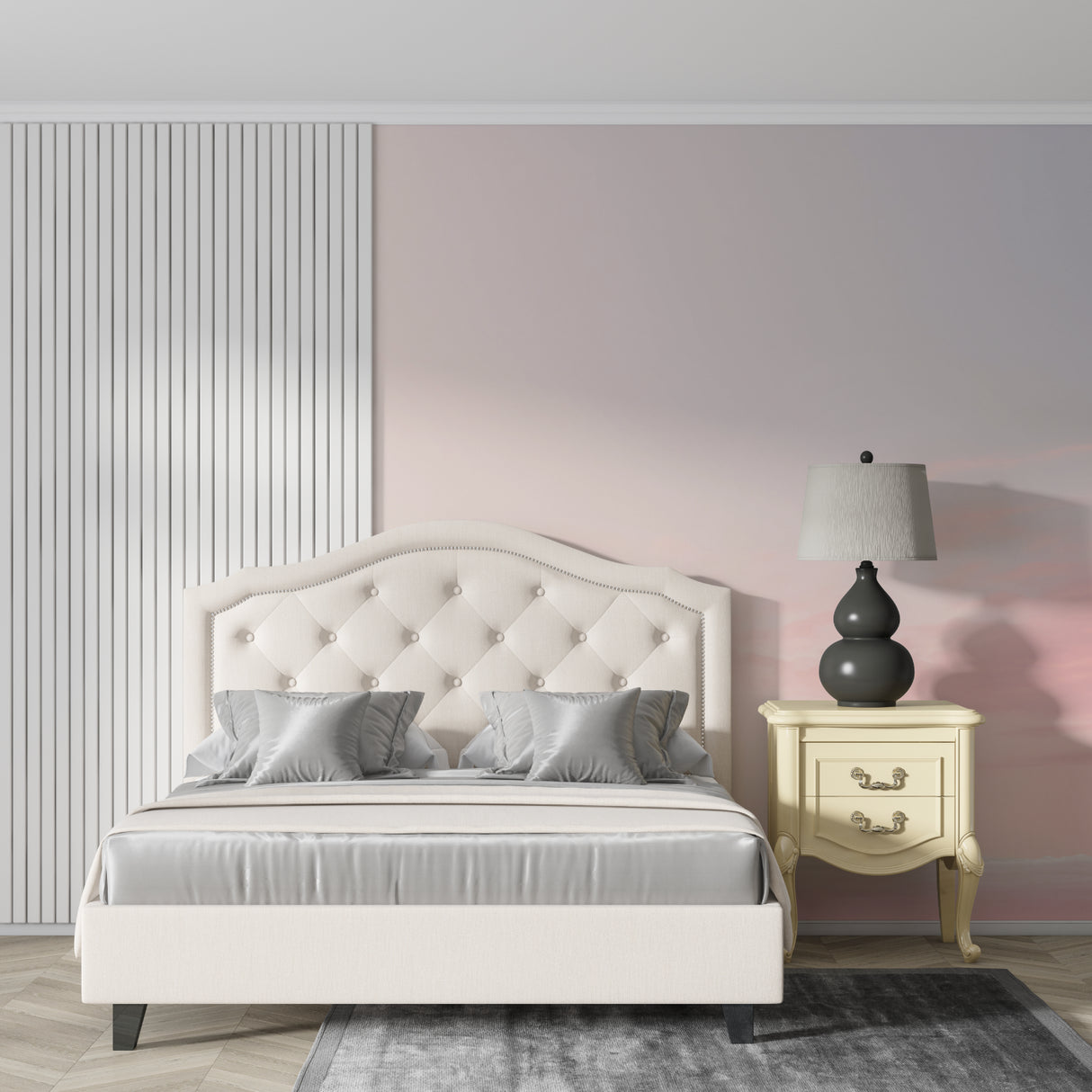 Wave pattern wallpaper in dining room showcasing the pink gradient effect