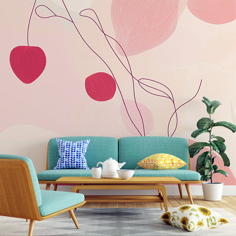 Abstract pink curved lines wallpaper mural in a modern living room, creating a peaceful and stylish atmosphere