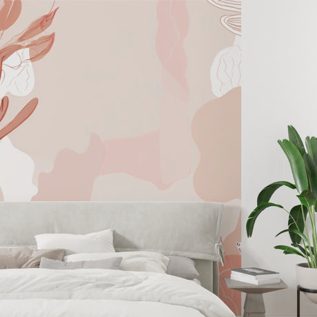 Pink floral abstract wallpaper creating a peaceful atmosphere in a modern minimalist living room