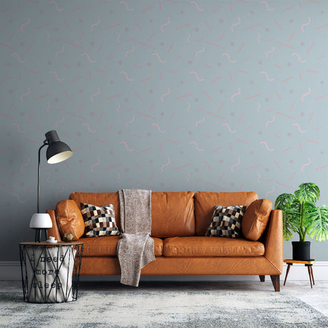Modern abstract geometric wallpaper with pink patterns creating a calm atmosphere in a bright living room setting