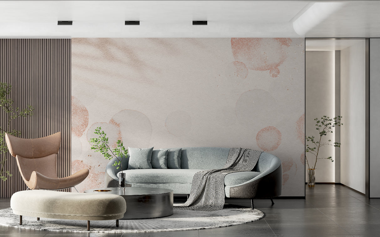 Abstract terracotta circular wallpaper in a bright modern living room with minimal furniture