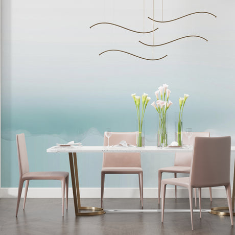 Aqua gradient wave wallpaper creating a serene atmosphere in a modern living room
