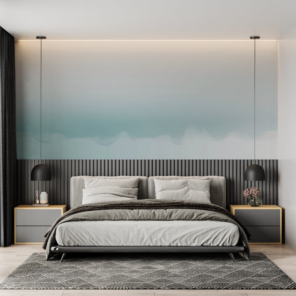 Minimalist bedroom featuring soothing wave pattern wall mural