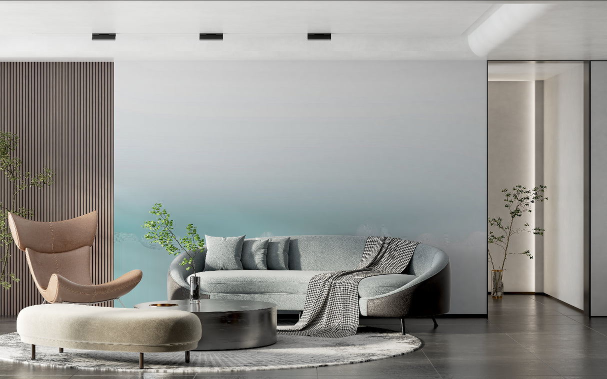 Home office with calming aqua gradient wallpaper design