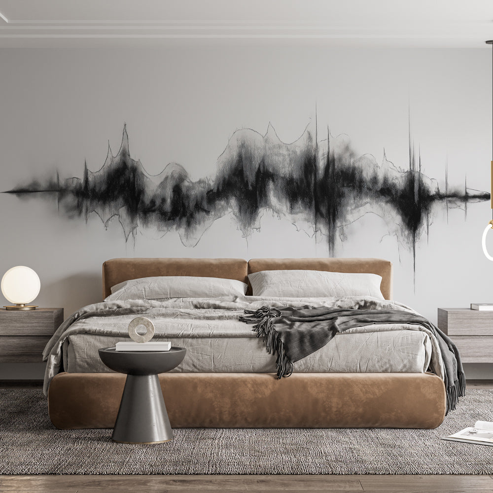 Modern black and grey Sound Wave Abstract Wallpaper creating depth in a minimalist living room setting