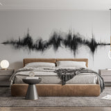 Modern black and grey Sound Wave Abstract Wallpaper creating depth in a minimalist living room setting