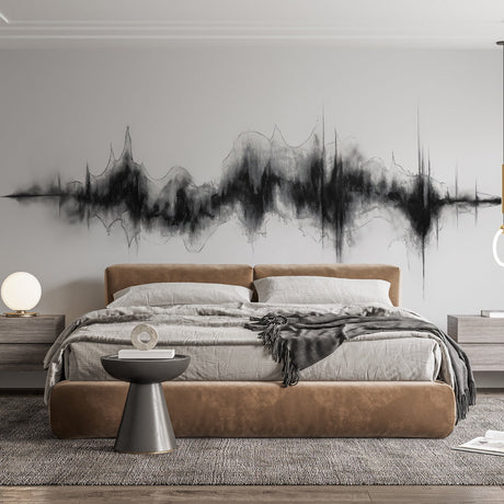Modern black and grey Sound Wave Abstract Wallpaper creating depth in a minimalist living room setting