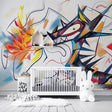 Street art dragon mural wallpaper bringing urban style to a modern living room with grey sofa and minimal decor