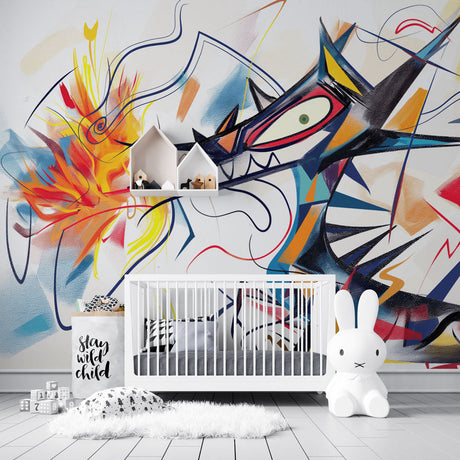 Street art dragon mural wallpaper bringing urban style to a modern living room with grey sofa and minimal decor