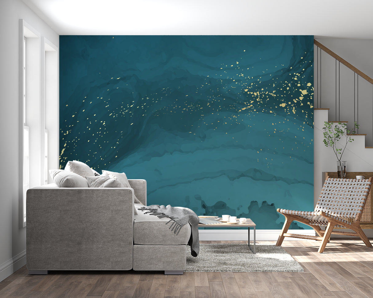 Luxury teal and gold abstract wallpaper in master bedroom with white furniture