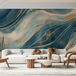 Abstract teal and gold wave wallpaper creating a stunning focal point in a modern living room with clean-lined furniture
