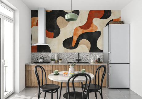 Abstract terracotta wallpaper in modern living room with grey sofa and natural light
