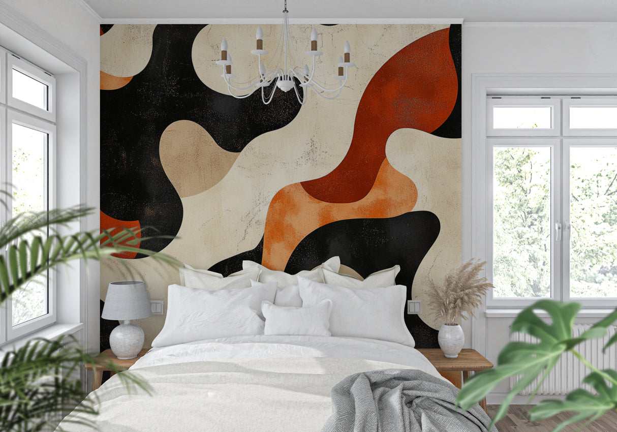 Modern abstract wall mural in minimalist dining room setting