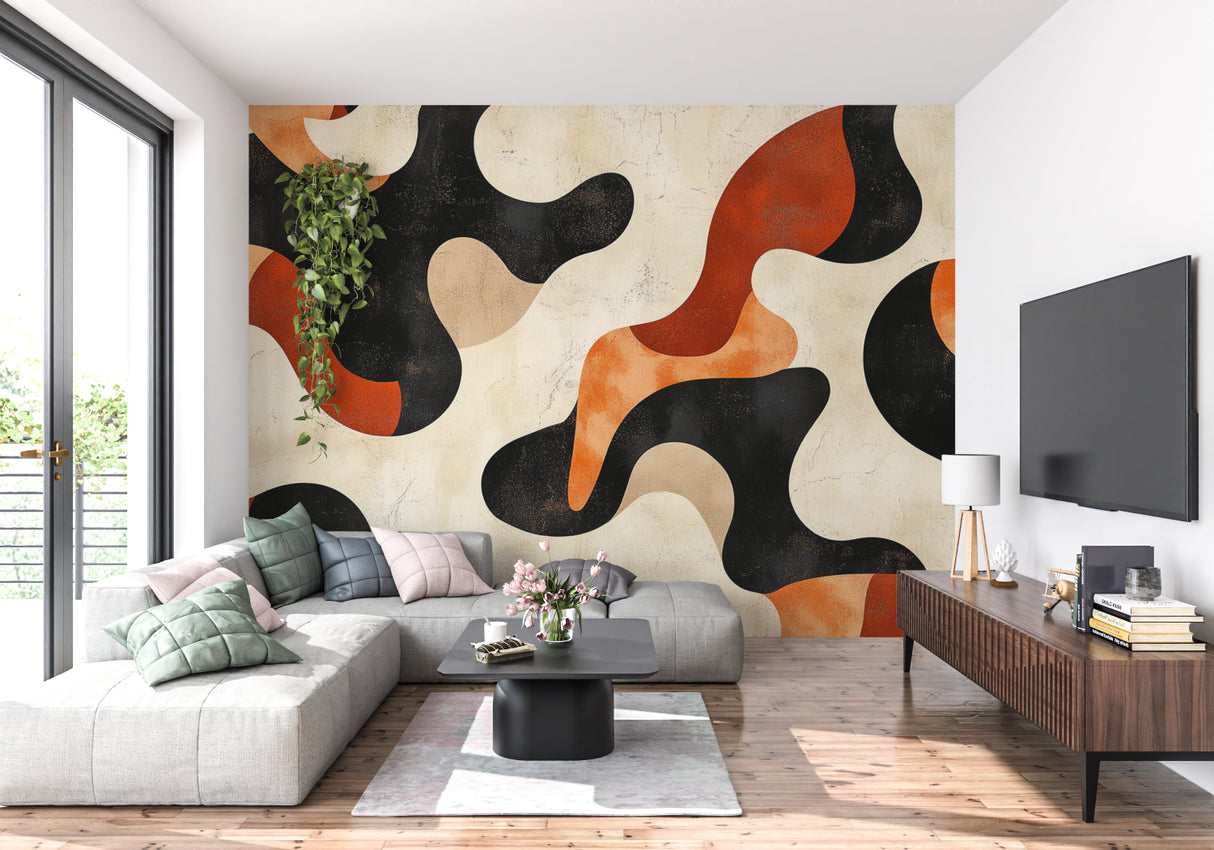 Terracotta abstract wallpaper in home office with wooden furniture