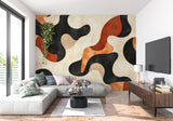 Terracotta abstract wallpaper in home office with wooden furniture