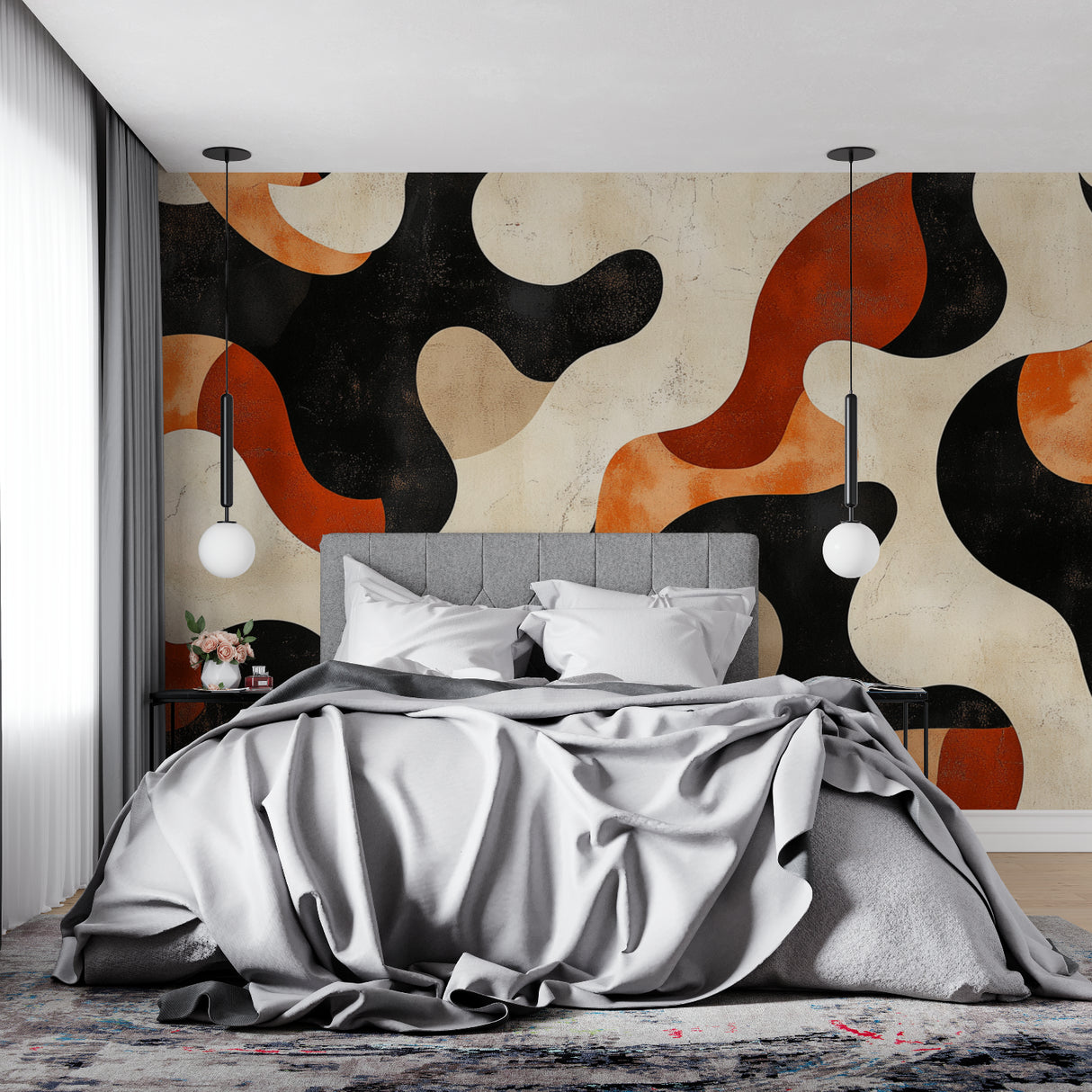 Abstract organic shapes wallpaper in contemporary bedroom setup