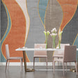 Modern abstract wave wallpaper with gold lines in a bright living room setting