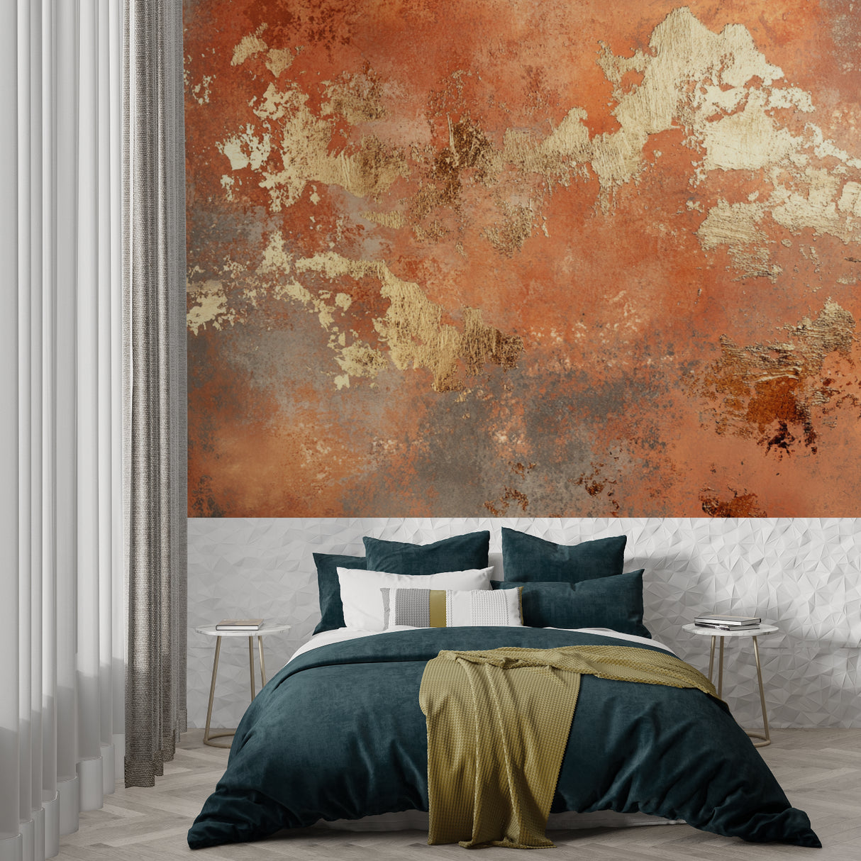 Terracotta and gold abstract wall mural adding sophistication to a dining room setting