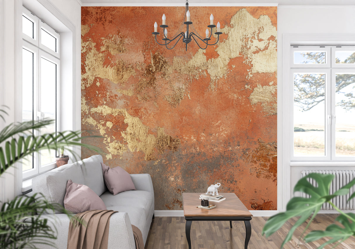 Gold abstract wall mural bringing warmth to a minimalist home office space