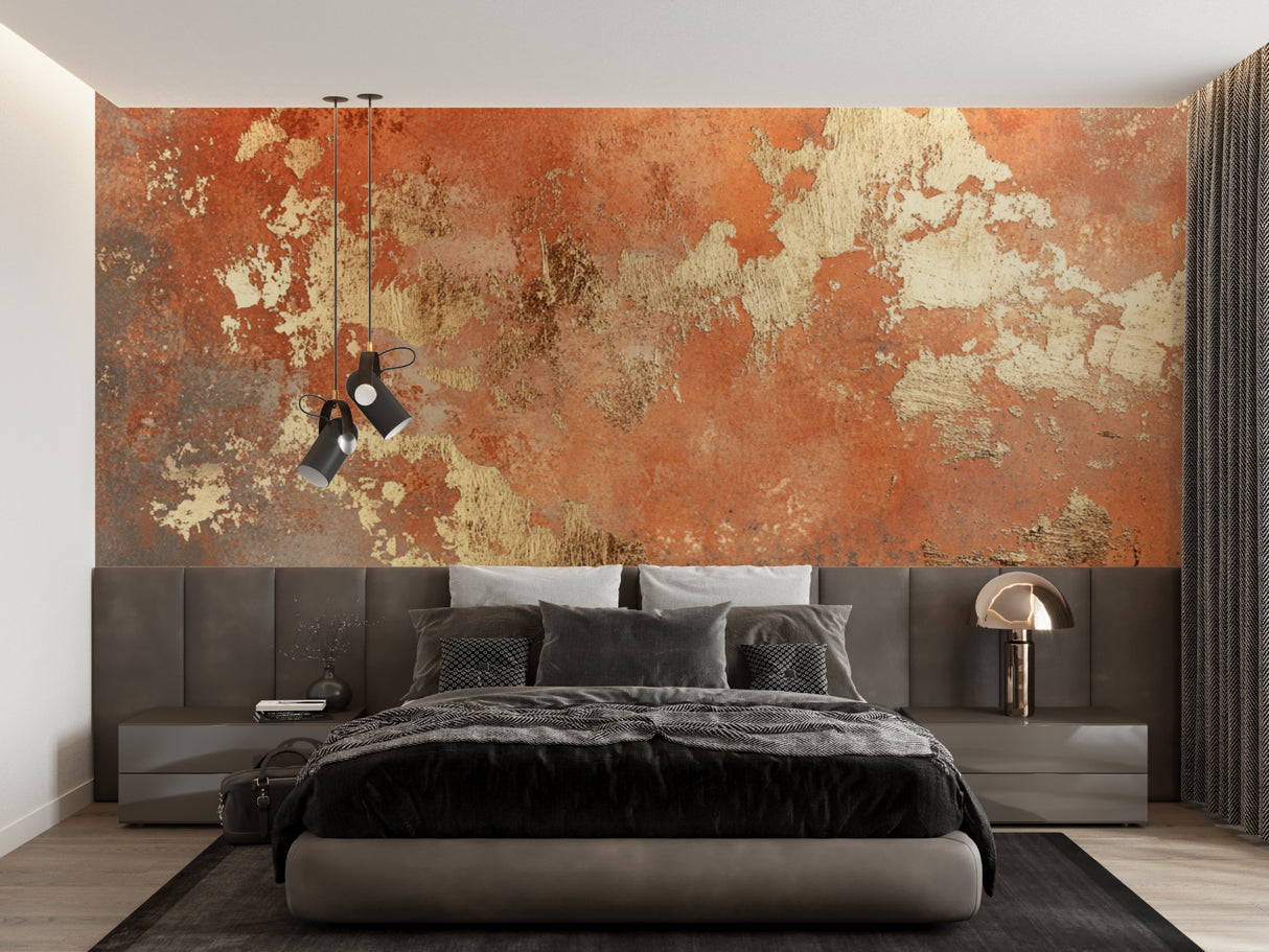Abstract metallic wallpaper enhancing an elegant entrance hallway with soft lighting
