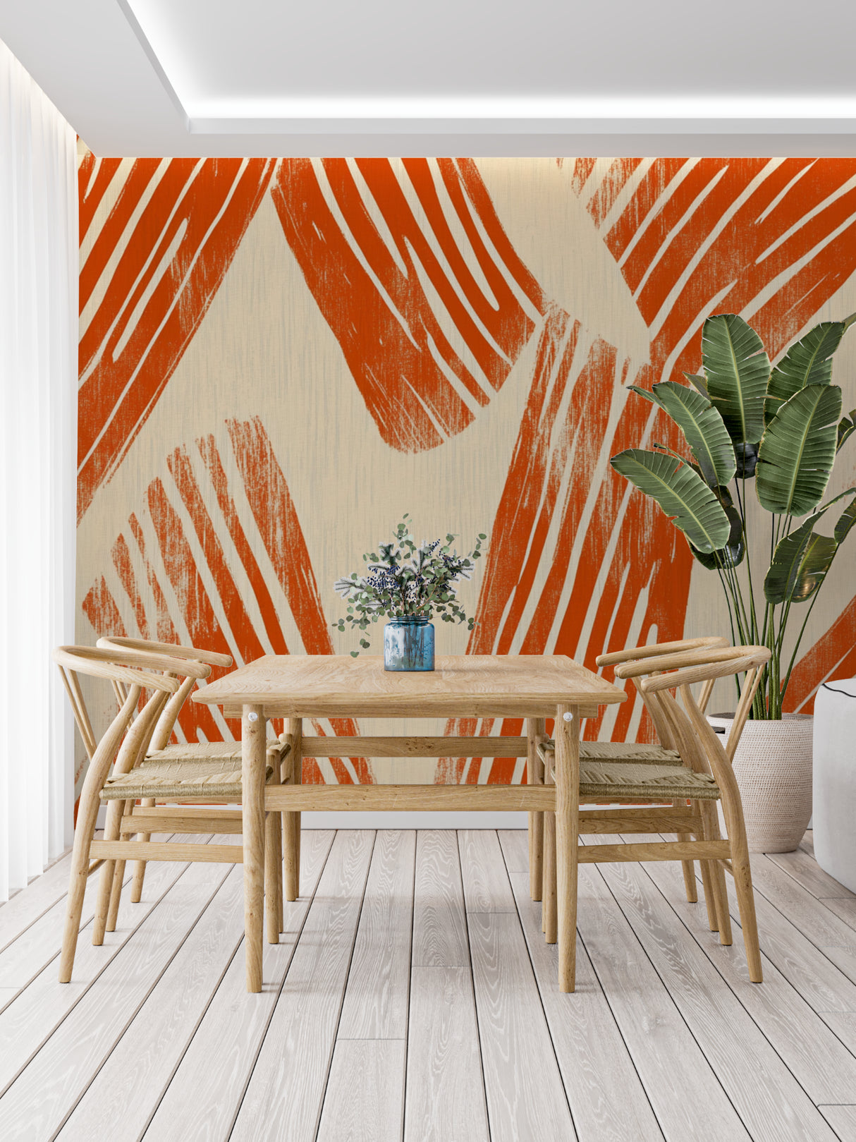 Bedroom with abstract terracotta wall mural creating cozy ambiance