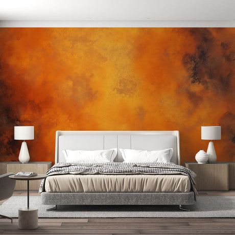 Terracotta cloud wallpaper in modern living room creating warm, inviting atmosphere with flowing abstract patterns
