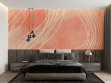 Abstract line wallpaper in modern living room, terracotta curved pattern creating depth