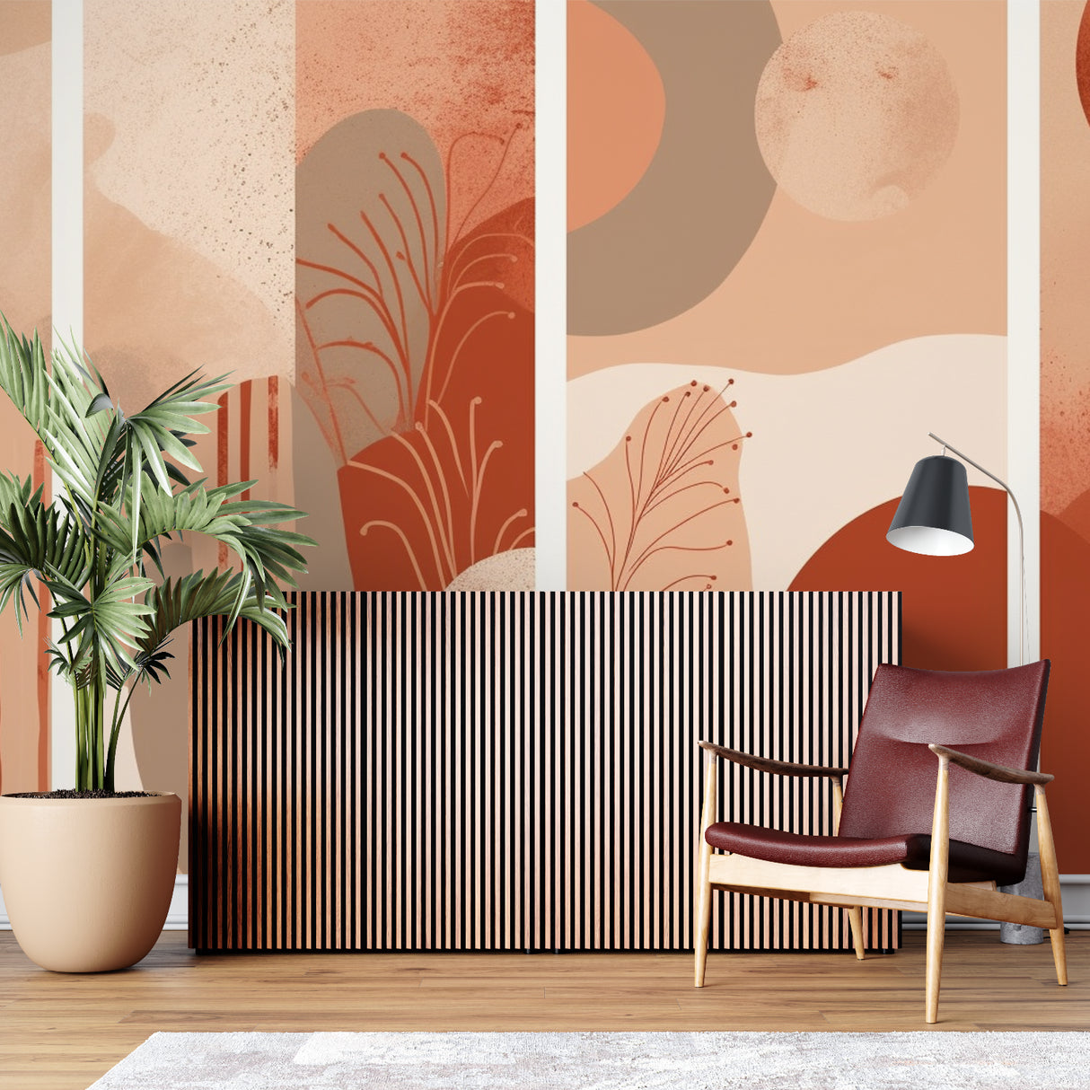 Abstract terracotta wall mural bringing natural warmth to bedroom with flowing botanical design