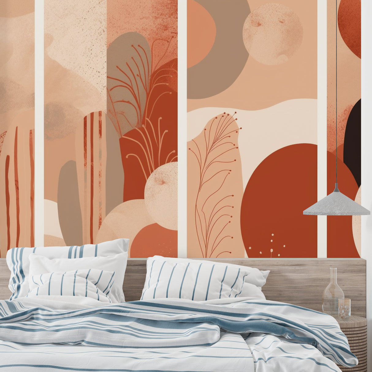 Terracotta floral wallpaper making statement in home office with organic shapes