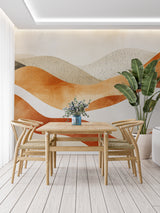 Modern office space featuring desert waves wallpaper in warm tones