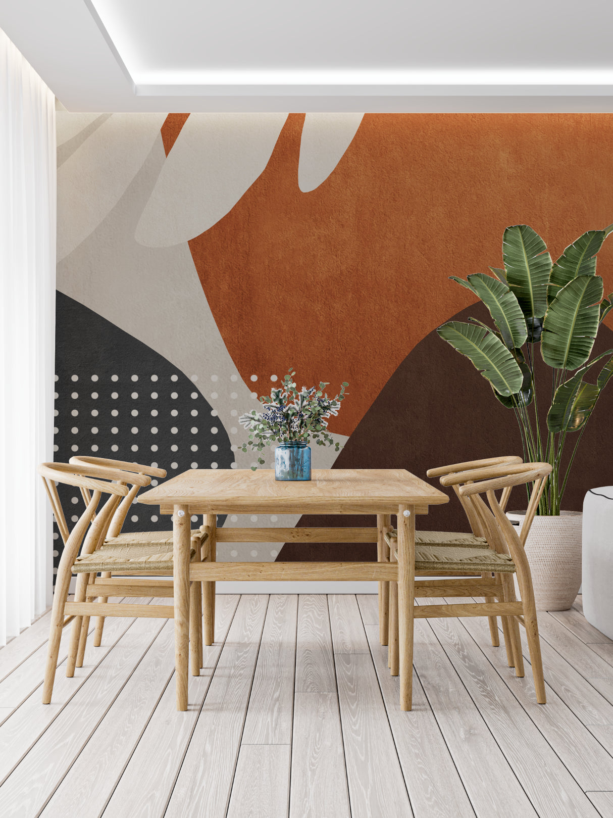 Abstract wall design showcased in contemporary bedroom setting