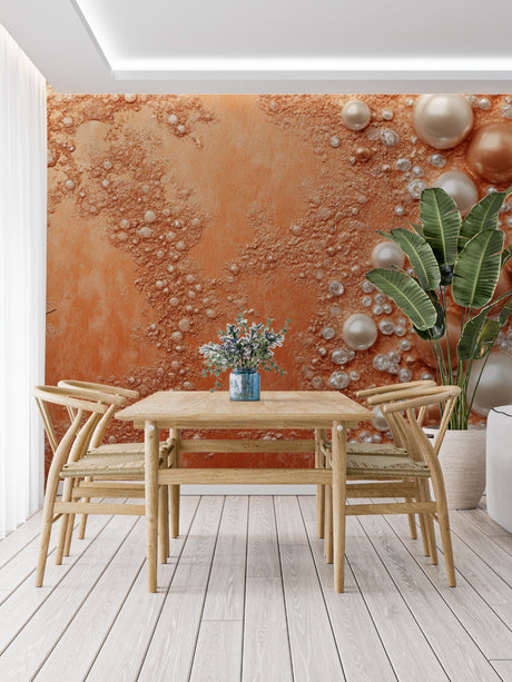 Terracotta bubble wallpaper creating a warm glow in a modern living room setting