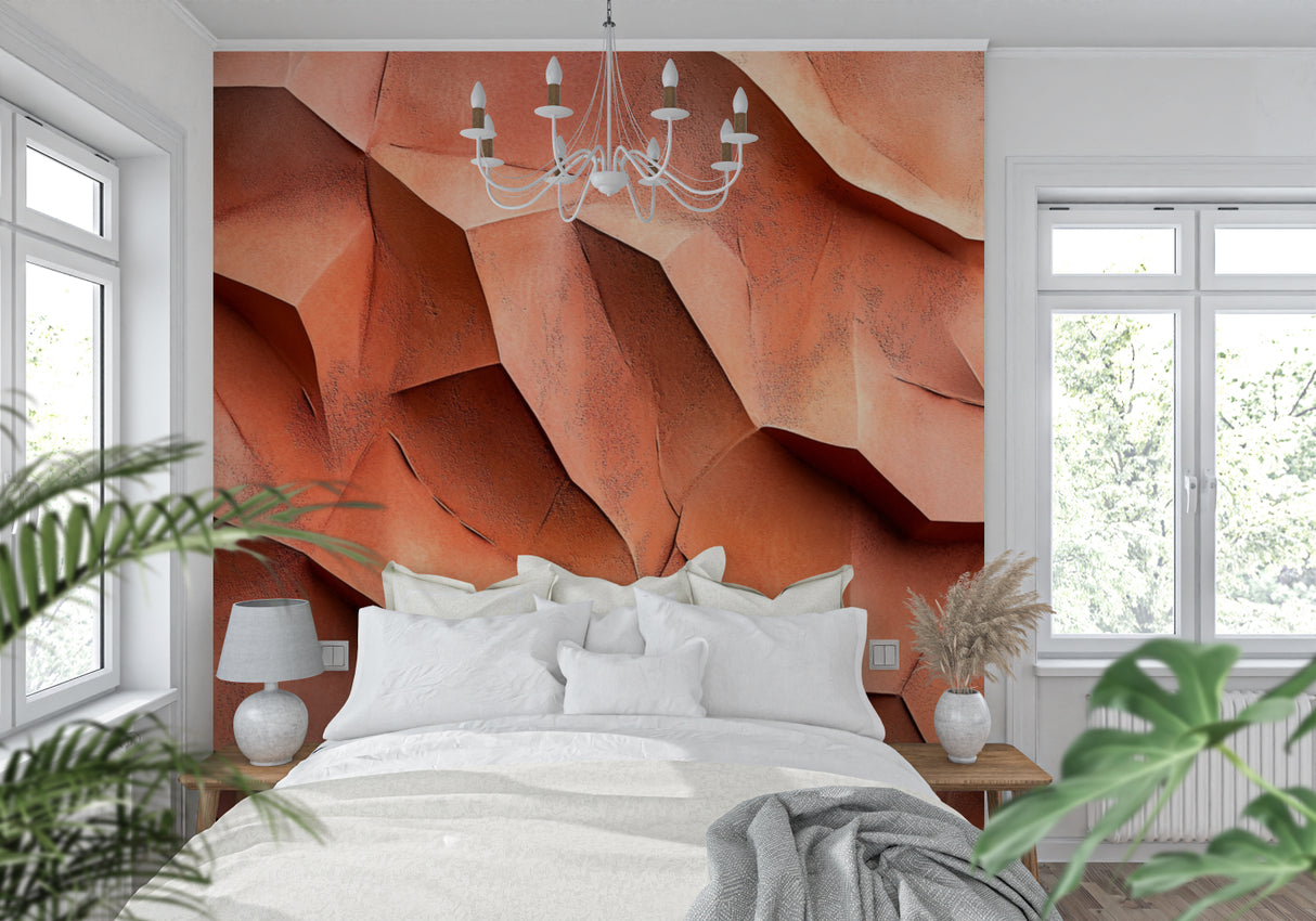 Modern geometric wallpaper bringing warmth to a home office space