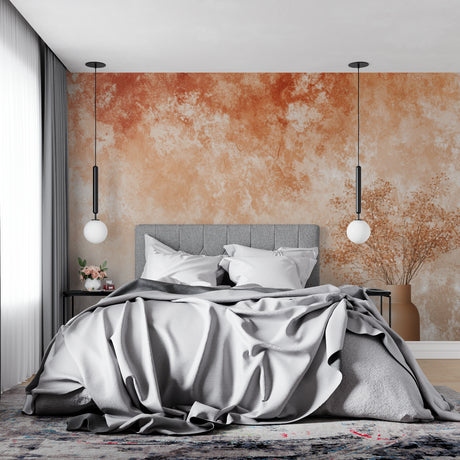 Terracotta abstract wallpaper creating a warm atmosphere in a modern living room with minimal furniture