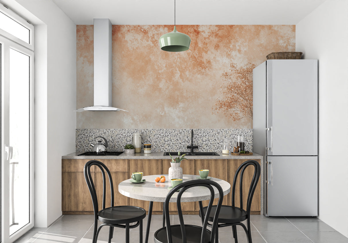 Abstract terracotta mural wallpaper making a dining room feel warm and inviting