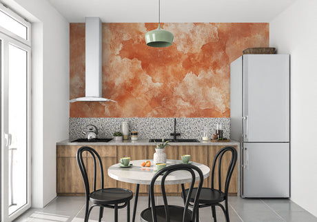 Terracotta abstract wallpaper in modern living room showing watercolor effect and warm earth tones