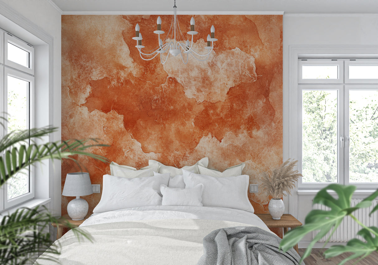Abstract watercolor mural in bedroom creating peaceful atmosphere with soft terracotta tones