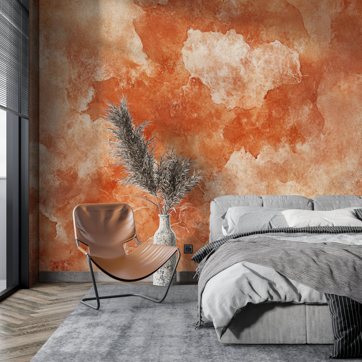 Modern dining room featuring terracotta abstract wallpaper with flowing watercolor design