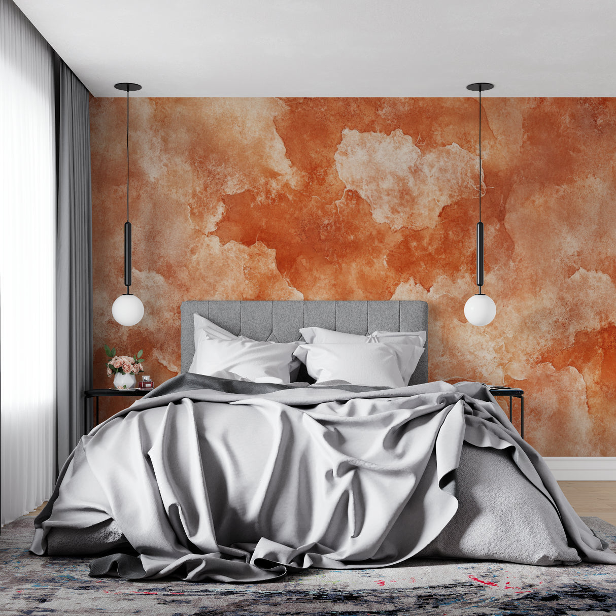 Home office with abstract watercolor wall mural in warm terracotta shades