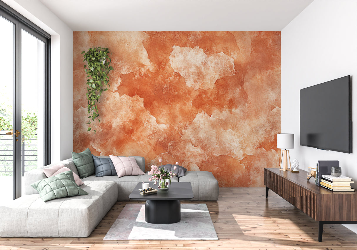 Entryway showcasing terracotta abstract mural with gentle watercolor transitions