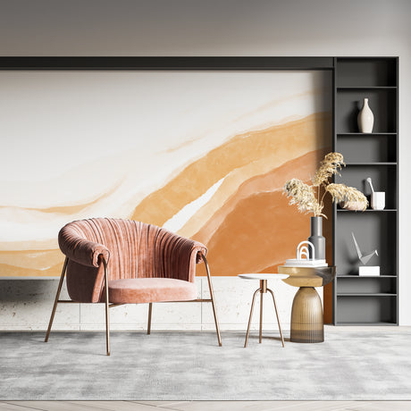 Abstract terracotta watercolor wallpaper in modern living room with white sofa and natural light