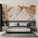 Abstract terracotta and gold wallpaper mural in modern living room with natural light